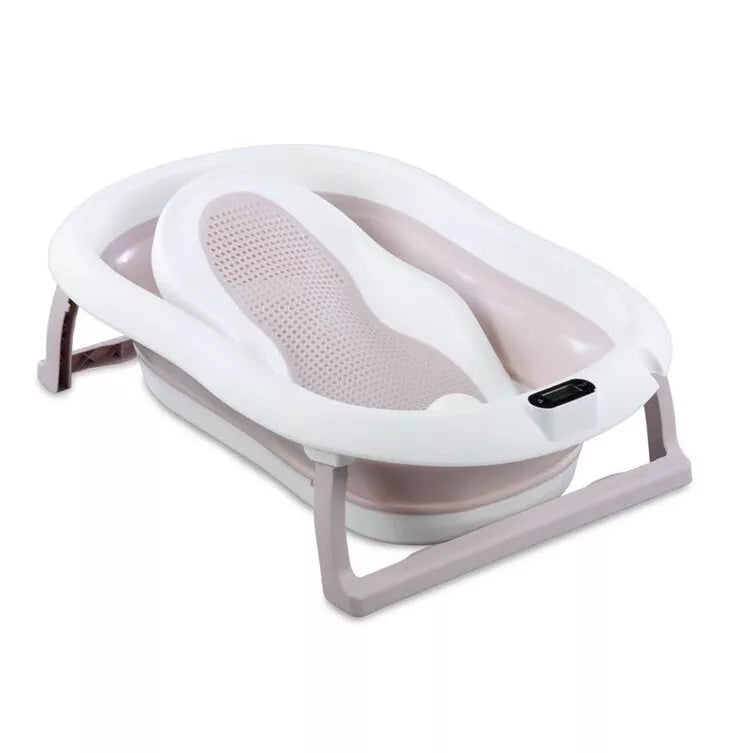 Sulankstoma kūdikio vonelė su termometru ir silikoniniu gultuku BATH&CARE Pink
