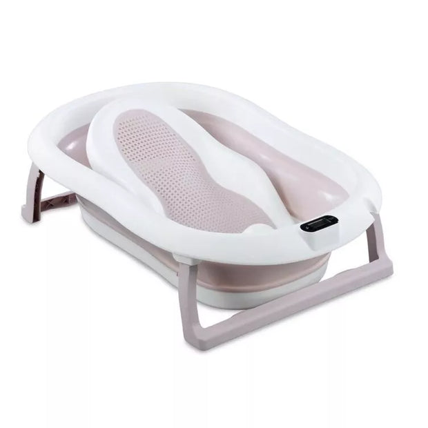 Sulankstoma kūdikio vonelė su termometru ir silikoniniu gultuku BATH&CARE Pink