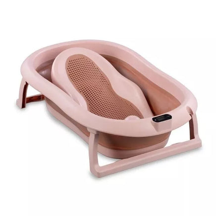 Sulankstoma kūdikio vonelė su termometru ir silikoniniu gultuku BATH&CARE Dark Pink