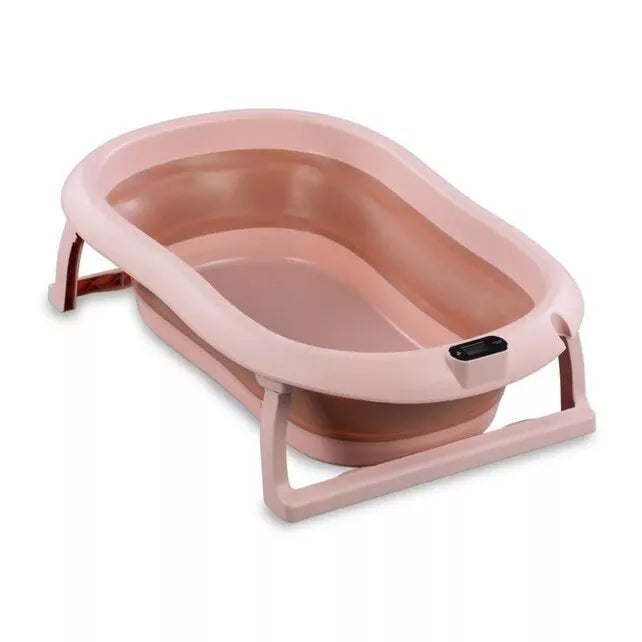 Sulankstoma kūdikio vonelė su termometru ir silikoniniu gultuku BATH&CARE Dark Pink